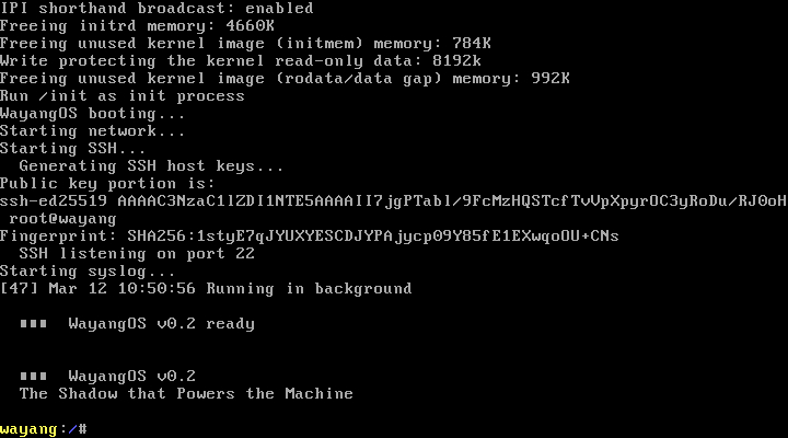 WayangOS booted with SSH ready